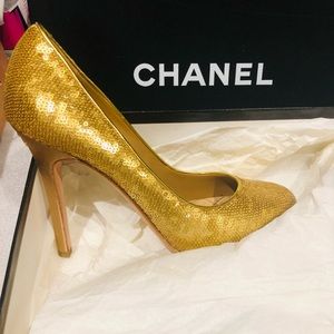 Authentic Chanel gold sequin pumps